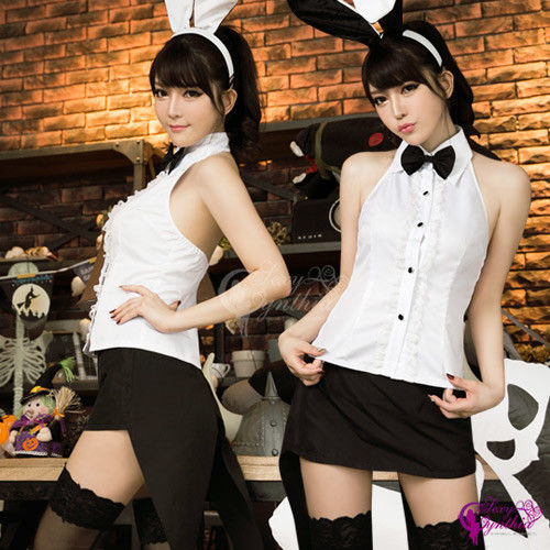 【Sexy Cynthia】削肩襯衫兔女郎四件式黑白角色扮演服
