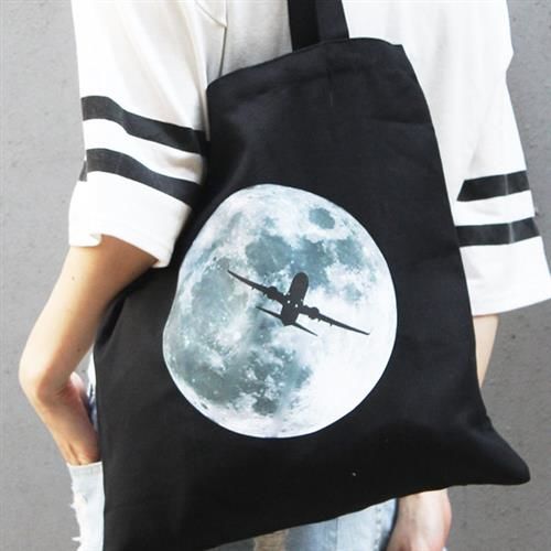 【SEIO】帆布包 禮物 歐美經典 黑色設計環保帆布包 經典黑色 宇宙飛機 交換禮物 手拿 肩背包