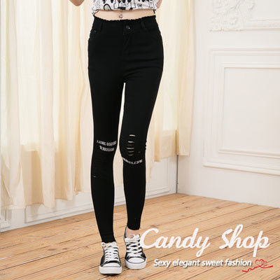 Candy 小舖 簡約風格 英文字 刷破彈性褲 ( M / L / XL ) 黑 / 白 2色選