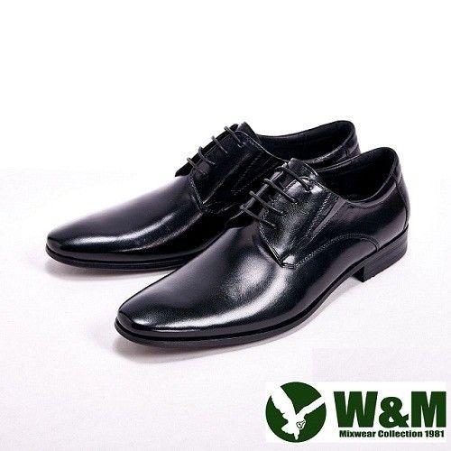 W&M 真皮綁帶式氣墊基本款尖頭男仕皮鞋-黑(另有棕)