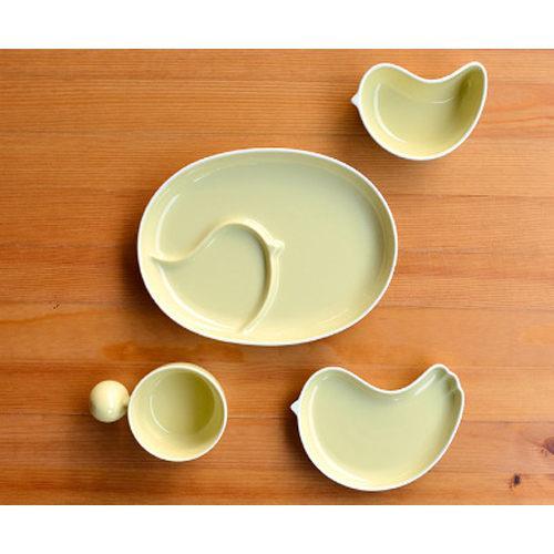 日本製 白山陶器 PIPI 四件式禮盒（橢圓分隔盤＋握把湯杯＋淺小鳥盤＋小鳥缽）黃色