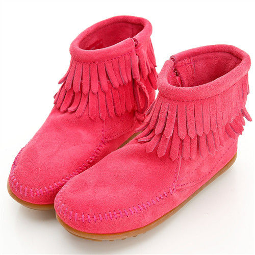 MINNETONKA 雙層流蘇麂皮粉紅色短靴 童鞋