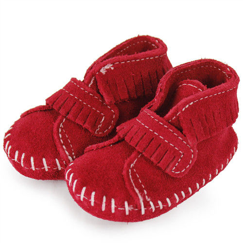 MINNETONKA 紅色一體成形流蘇麂皮莫卡辛 嬰兒鞋
