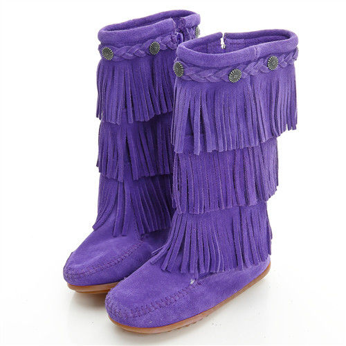 MINNETONKA 牛仔三層流蘇麂皮紫色長靴 童鞋