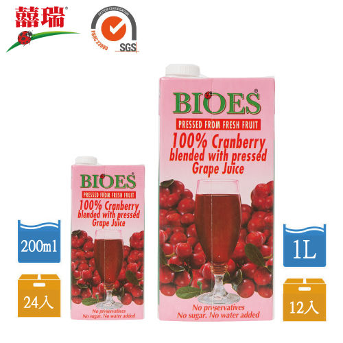 【囍瑞 BIOES】 100% 純天然蔓越莓綜合汁2箱-12入(1L)+24入(200ml)