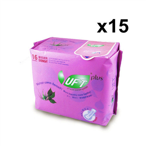 UFT蘆薈草本衛生棉--安心夜用15件超值組 （16片裝x15包)