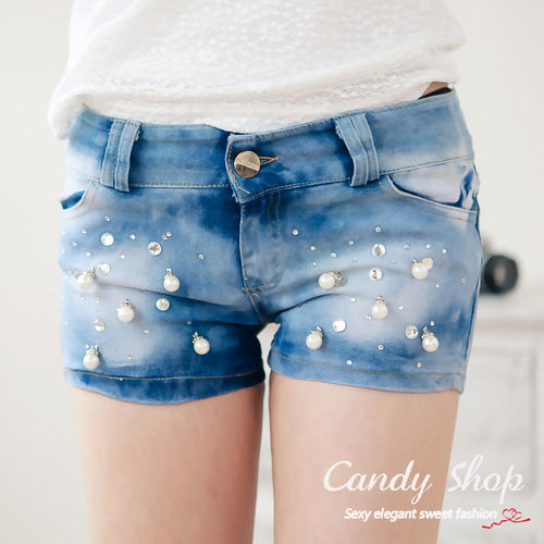 Candy小舖 新品特色款氣質休閒刷色珍珠貼鑽設計牛仔短褲(S/M/L/XL)-0096823