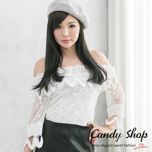 Candy小舖 新品特色款氣質蕾絲碎花玫瑰造型設計透膚網紗上衣-白色