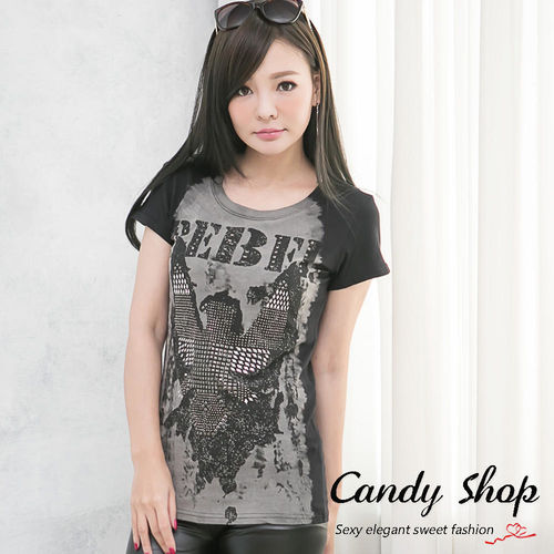 Candy小舖 新品特色款個性風大塗鴉鉚釘設計款T-shirt(灰/黑)兩色-0097797