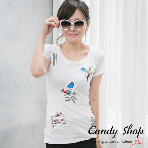 Candy小舖 新品特色款休閒棉質彈性素色圖騰刷破T恤-白色