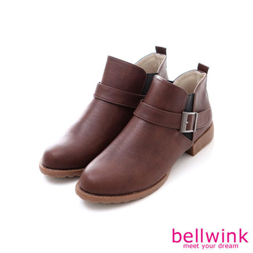 bellwink【B9016CE】經典皮革金屬扣低跟踝靴-棕色 