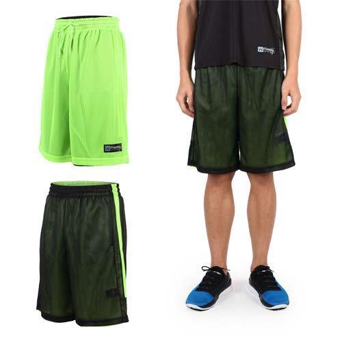 【FIRESTAR】男雙面網布籃球短褲-慢跑 路跑 籃球 休閒 黑螢光綠