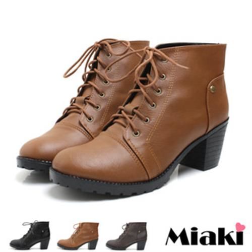 【Miaki】MIT 韓風熱銷綁帶英倫粗跟短靴牛津靴 (米色 /黑色 / 深咖啡色 / 棕色)