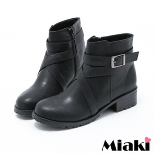 【Miaki】MIT 短靴交叉時尚低跟踝靴休閒鞋(咖啡色/黑色)