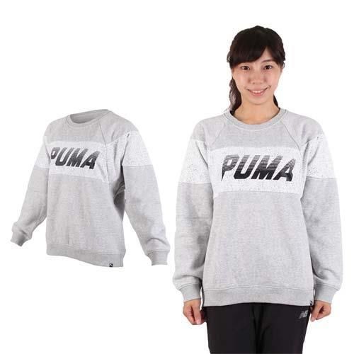 【PUMA】流行系列女長袖色塊圓領衫-T恤 慢跑 路跑 刷毛 灰黑白