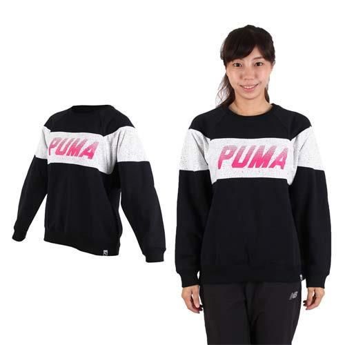 【PUMA】流行系列女長袖色塊圓領衫-T恤 慢跑 路跑 刷毛 黑白桃紅