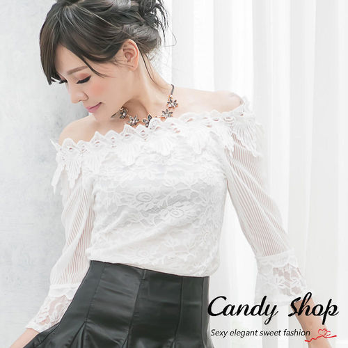 Candy 小鋪     唯美一字領蕾絲拼接七分袖上衣(白色/黑色)-0097816