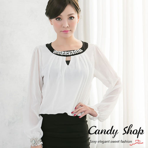  Candy 小鋪         完美女人假兩件鑽飾雪紡質感包臀短洋裝(白/黑/紅)3色-0097847