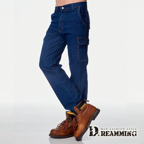 【Dreamming】美式伸縮多口袋直筒牛仔工作褲(藍色)