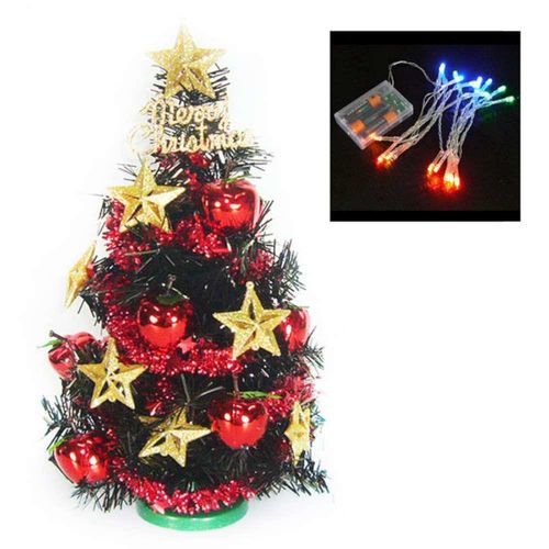 台灣製迷你1呎/1尺 (30cm)金星紅果裝飾黑色聖誕樹+LED20燈電池燈 (彩光)
