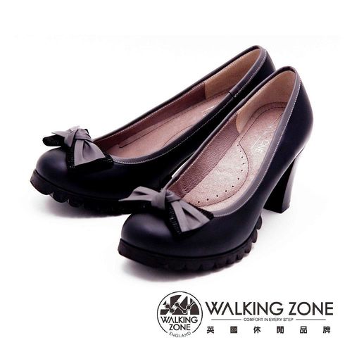 【WALKING ZONE】典雅蝴蝶結造型舒適高跟女鞋-黑(另有灰)