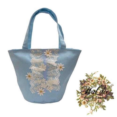 【HaLace創意手工拼布包】淡藍雛菊蕾絲手提包