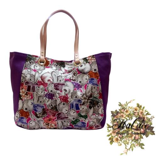 【HaLace創意手工拼布包】三色堇紫紳士淑女兔三層包