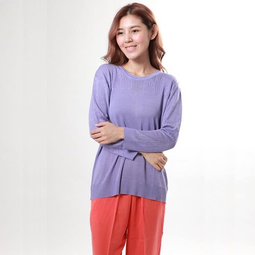 BELLA VITA 100%蠶絲圓領寬版絹絲長袖上衣(紫色)