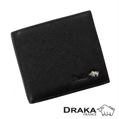 DRAKA達卡 - 庫爾真皮系列十字紋短夾-釘扣口袋-黑