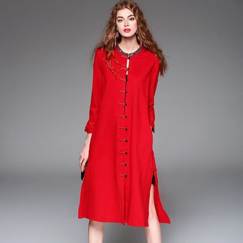 【M2M】紅色復古單排扣長款大衣外套