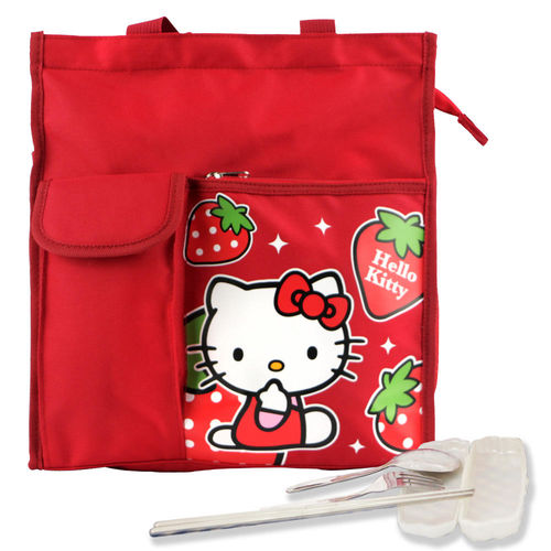 Hello Kitty 直式多功能/才藝袋/便當袋-紅色+台灣製環保三件式餐具組