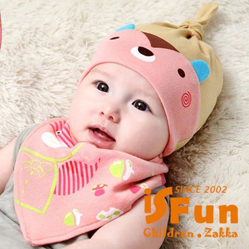【iSFun】蒙面小熊＊嬰兒條紋棉帽+三角領巾組/粉黃