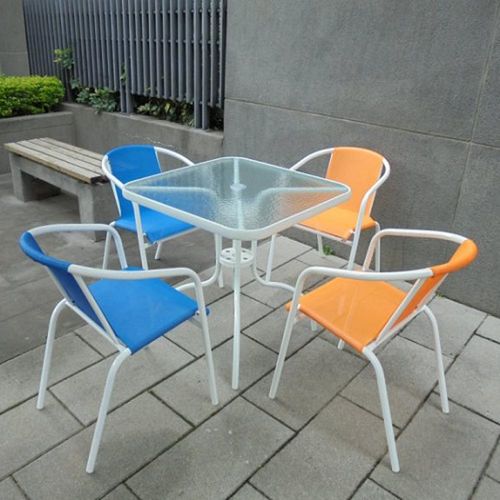 兄弟牌80cm白色鋁框玻璃方桌+白管紗網椅4張~藍橘雙色可挑選