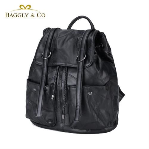 【BAGGLY&CO】羊皮拼接率性後背包(黑色)