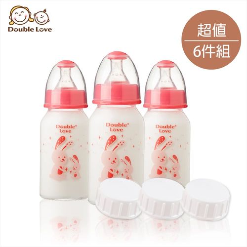 【台灣Double Love】120ML標準口徑玻璃奶瓶/副食品儲存瓶-6件組(含密封蓋+奶嘴環)-兔