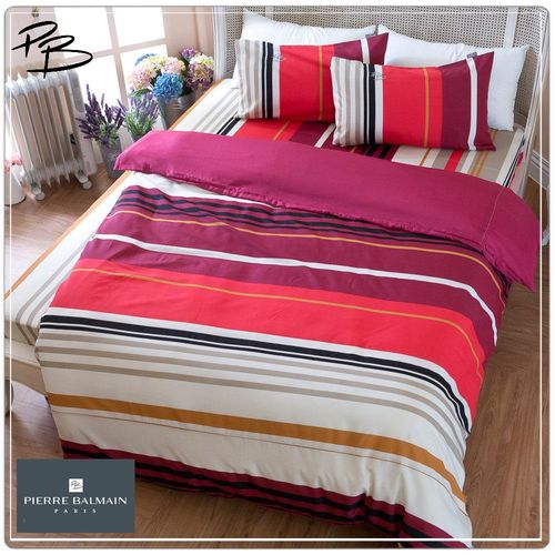 【PB皮爾帕門】環保咖啡紗雙人加大被套床包四件組-紅條風格