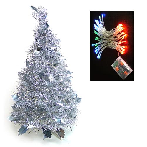 摩達客 2尺/2呎(60cm) 創意彈簧摺疊聖誕樹 (銀色系)+LED50燈電池燈(彩光)