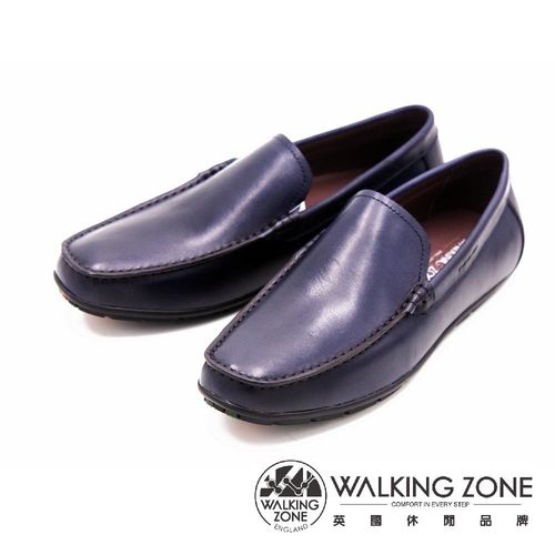 WALKING ZONE 真皮氣墊感舒適直套休閒男皮鞋-藍(另有棕)