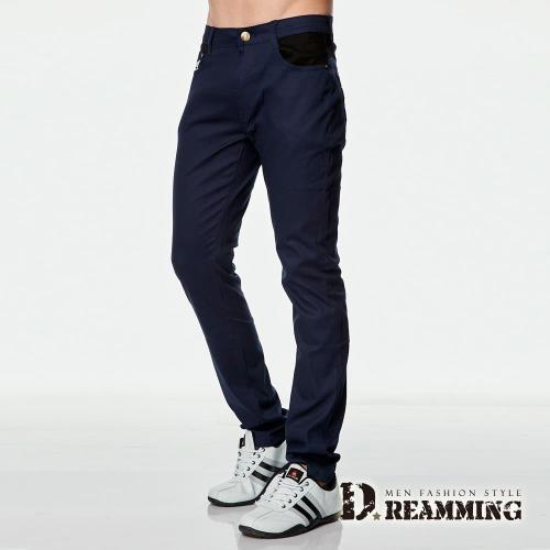 【Dreamming】韓系質感菱形皮標伸縮休閒長褲(深藍)