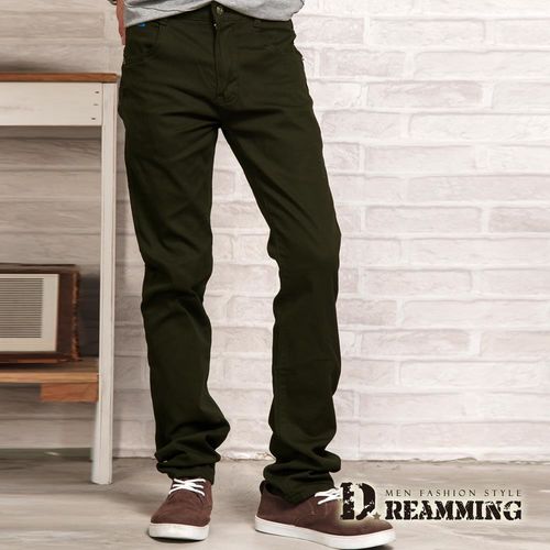【Dreamming】大尺碼格紋膠印口袋伸縮中直筒休閒長褲(軍綠)