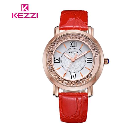 【珂紫KEZZI】羅馬復古創意流沙水鑽皮帶石英手錶(紅)