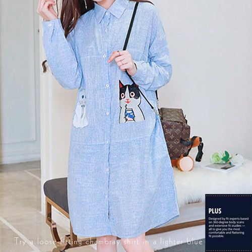 【SCL南加州丹寧時尚】T1701 長版條紋淺藍貓咪刺繡連身裙
