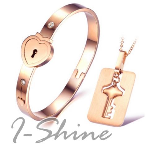 【I-Shine】鎖住緣份-衝上雲霄 陳法拉 玫瑰金鈦鋼項鍊/手環(兩件套組)