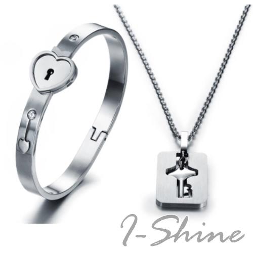 【I-Shine】鎖住緣份-衝上雲霄 陳法拉銀色鈦鋼項鍊/手環(兩件套組)