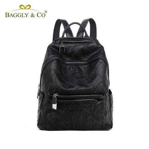 【BAGGLY&CO】多口袋繡線系列真皮後背包(黑色)