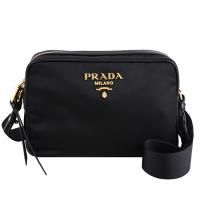 PRADA 1BH089 經典浮雕LOGO尼龍布皮飾邊斜背小方包.黑
