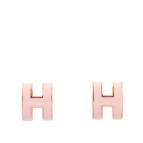 HERMES Mini Pop H立體簍空橢圓LOGO耳環(粉色/玫瑰金) H608002FO85