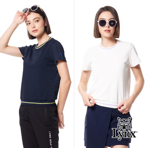 【Lynx Golf】首爾高桿風格！女款日本進口素材彈性舒適華夫格紋跳色羅紋配布造型山貓膠標短袖圓領POLO衫/高爾夫球衫(二色)