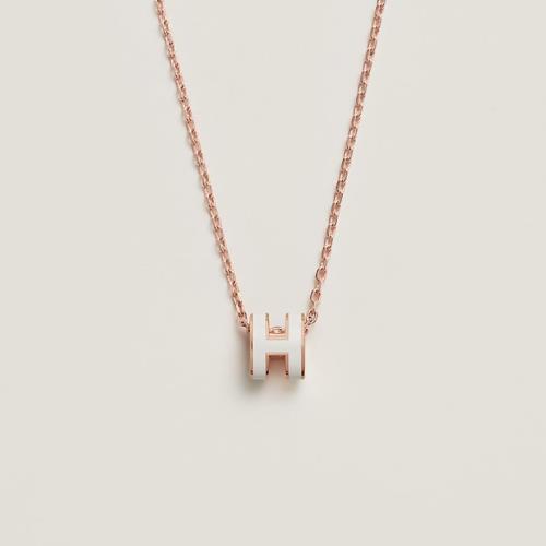 HERMES mini POP H 立體橢圓簍空項鍊 玫瑰金鍊 白色