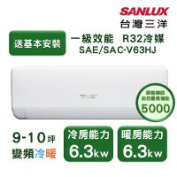 SANLUX台灣三洋 SAC-V63HJ SANLUX 臺灣三洋 SAC-V63HJ 變頻冷暖分離式冷氣機,專為7-12坪空間設計,支援1對1安裝。具備冷氣、暖氣功能,使用環保R32冷媒,達到1級能效標準,提供舒適省電體驗。保固期3年,正常使用下享一年免費服務,完成保證書登入可獲額外保障。售後維修請參考官方服務據點:https://sanlux.com.tw/service-station。實際保固依臺灣三洋官網公告為準:https://sanlux.com.tw/service。